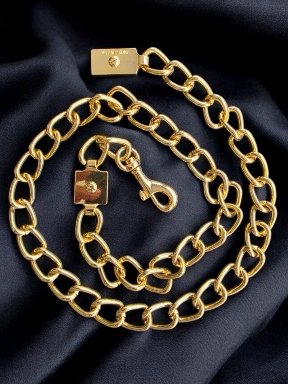 Michael Kors Gold Tone Chunky Cable Link Chain Belt 38" Adjustable Logo Charm